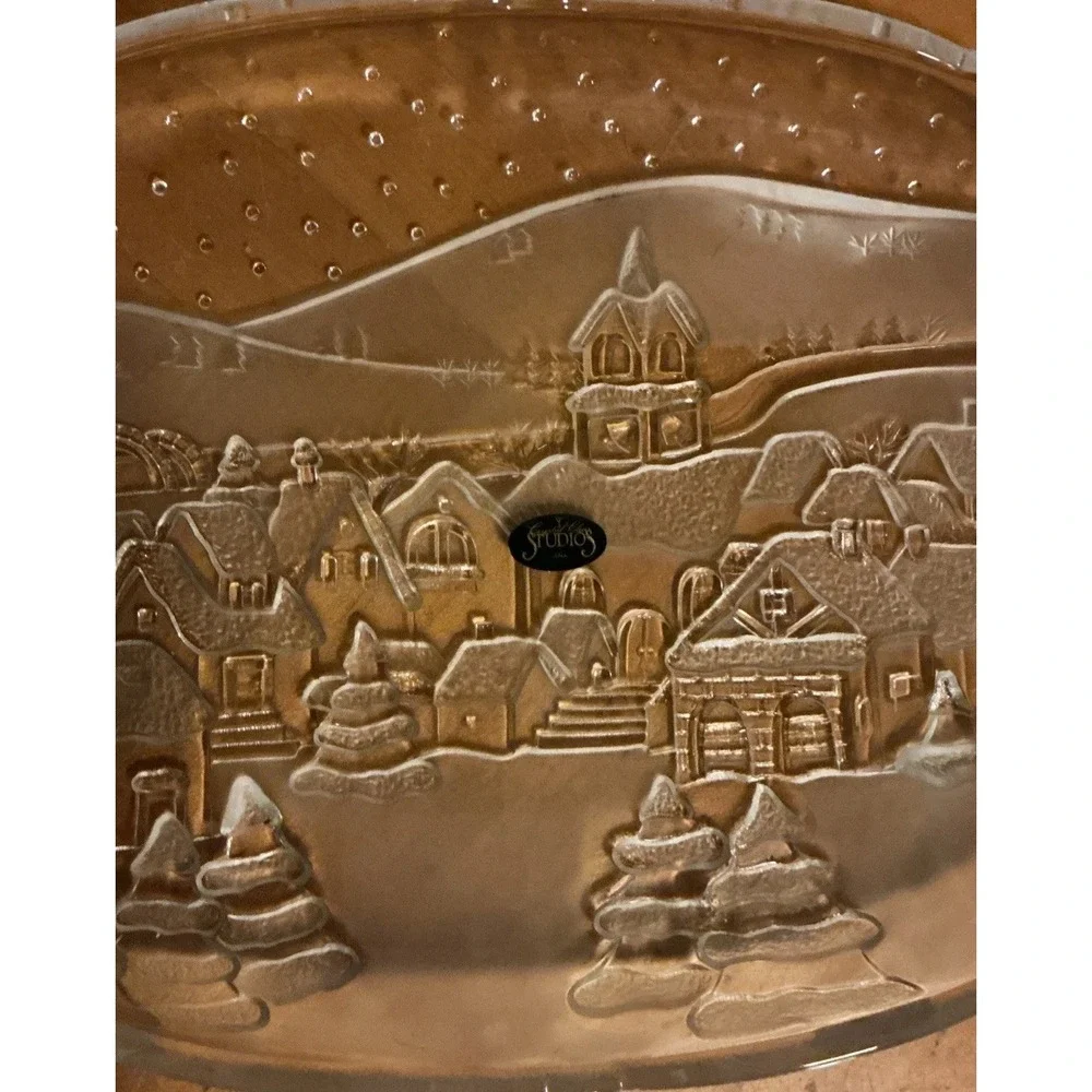 Vintage Crystal‎ Clear Studios Glass Serving Platter Winter Village Scene